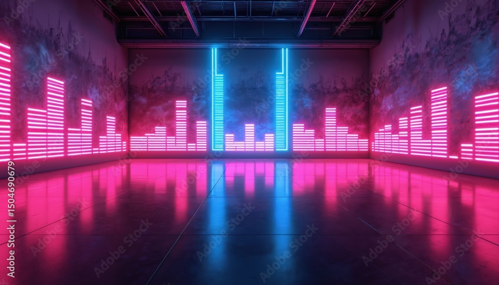 Poster neon lights create equalizer effect in modern space. pink, blue colors create music studio, disco cl