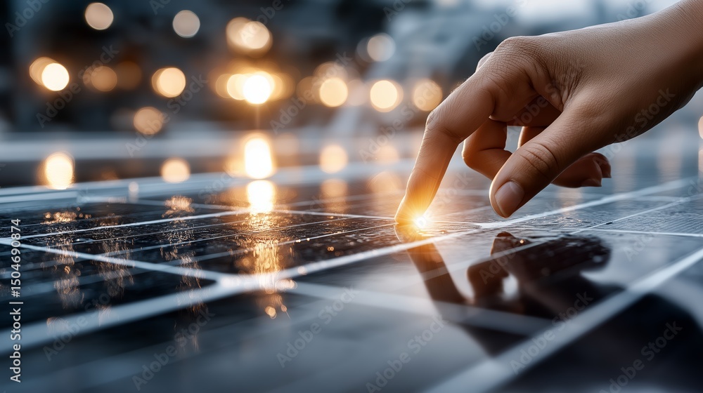 Poster Human finger interacting with futuristic glowing digital screen representing data connection and advanced technology, Generative AI
