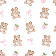 Watercolor hand drawn cute teddy bears with strawberry and bow, kids seamless pattern, kawaii motif background