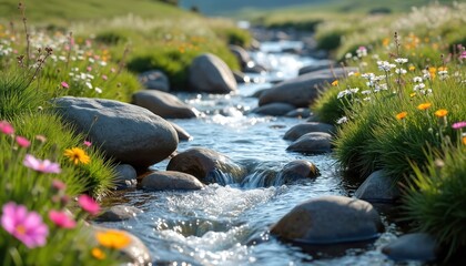 Obraz premium Summer mountain terrain with meadows streams of clear water. Wildflowers bloom on green grass. Stones, rocks in water. Sunny, natural eco landscape with fresh water.