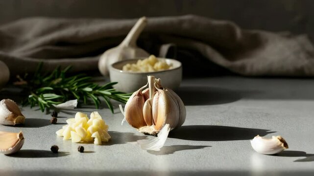 Fresh garlic cloves with rosemary and chopped on kitchen countertop
