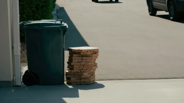 Neat stack of pizza boxes beside trash bin on sunny day
