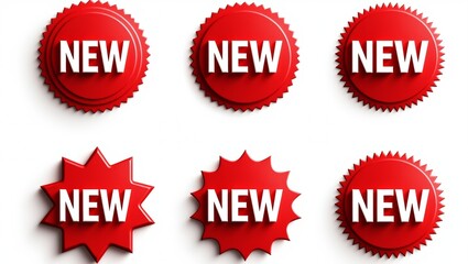 Set of six distinctive red new badges with bold typography on white background featuring various shapes including circles starbursts and scalloped edges for promotional use