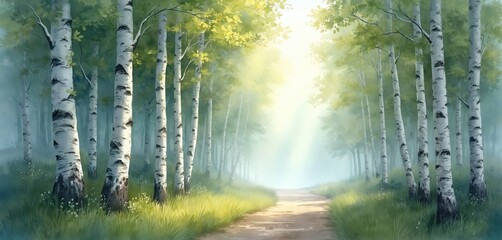 Watercolor painting depicts birch trees forest, with soft light. Path leads through trees, inviting exploration of nature. Illustrates beauty of woodland. Artistic, serene image.