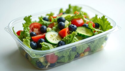 Fresh salad mix in transparent takeaway box. Contains tomatoes cucumbers blueberries lettuce. Healthy meal option for lunch dinner or picnic. Eco-friendly food container, zero waste eco concept.