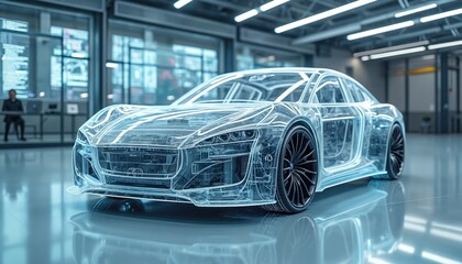 Futuristic car design rendered in see-through style, advanced tech. Digital car concept represents automotive engineering innovations, automation, data processing in car manufacturing. Modern tech