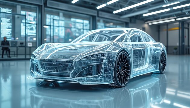 Futuristic car design rendered in see-through style, advanced tech. Digital car concept represents automotive engineering innovations, automation, data processing in car manufacturing. Modern tech - Powered by Adobe