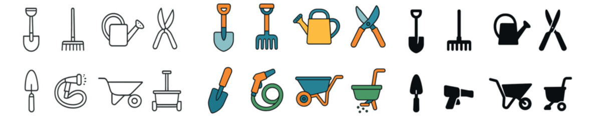 Gardening tools icon collection: outline, filled, and hand-drawn styles for landscaping