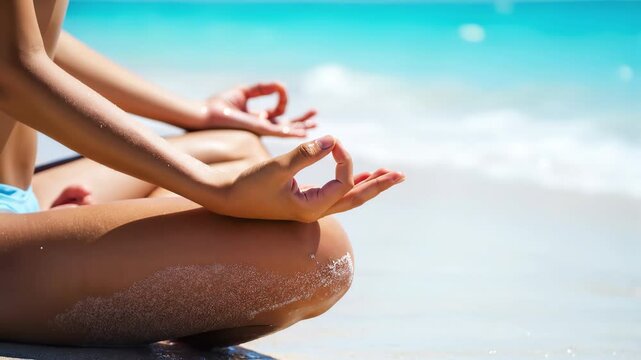 Beach yoga meditation: woman in lotus pose, hands in mudra by serene ocean waves. Mindfulness retreat, wellness travel, summer zen 4K video footage.