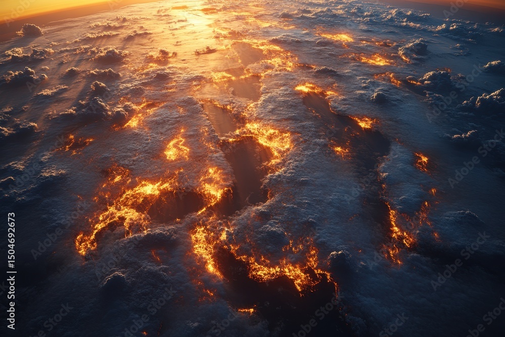 Poster striking sunset view with dramatic cloud formations and glowing light reflecting off the ocean in a 