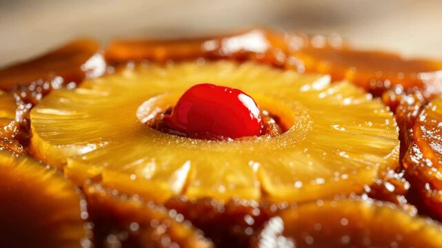 Close-up of pineapple upside-down cake with cherry on top