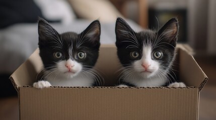 Two curious tuxedo kittens peering out from a cardboard box looking adorable