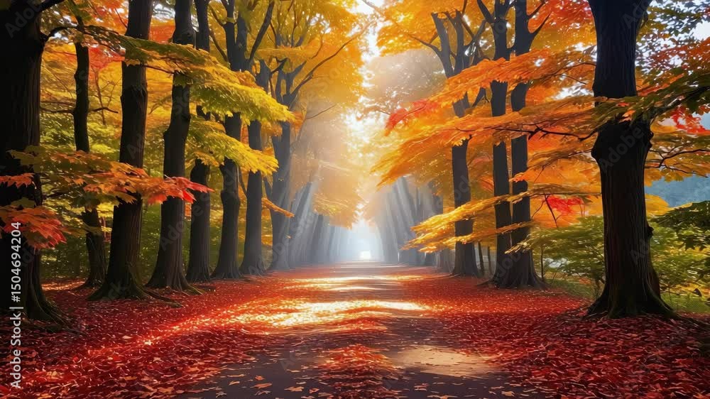 Poster autumn forest scene with a sunlit path surrounded by trees and fall foliage.