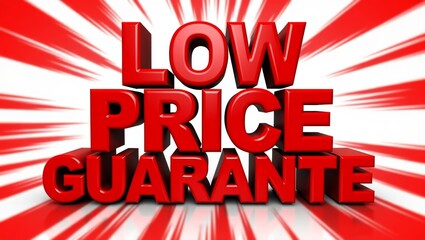 Bold threedimensional low price guarantee text graphic with dynamic abstract background in red and white