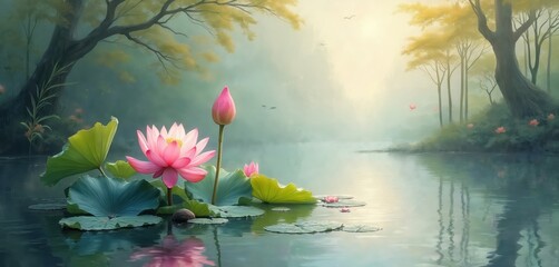 Pink lotus flower blooms in pond. Lotus, bud, leaves, water lily reflect in calm water. Serene illustration of nature landscape. Watercolor art with peaceful scene. Zen, mindfulness, meditation