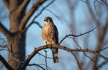 Obraz premium Sharp-shinned hawk perched on tree branch, hunting. Bird of prey with sharp eyes. Wildlife animal at nature. Hawk profile close-up, clear details of feather patterns. Predator, wild hunter, nature,