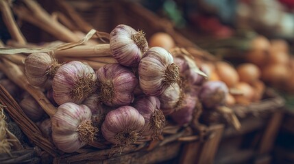 Garlic bulbs arranged on grocery store vegetable rack