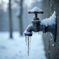 Frozen water faucet covered in snow and icicles during winter. Cold weather, plumbing problems, house exterior. Frosty tap on wall, winter season, home protection from freezing.