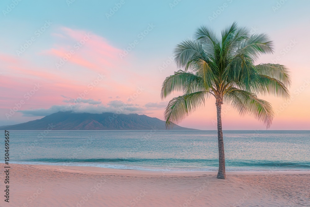 Aufkleber breathtaking tropical beach view framed by palm trees on a sunny afternoon with gentle waves lapping