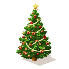 Christmas Tree, flat 2D isometric cartoon vector image isolated on white background.