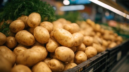 Fresh potato displayed on grocery store vegetable stand