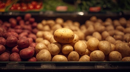 Fresh potato displayed on grocery store vegetable stand