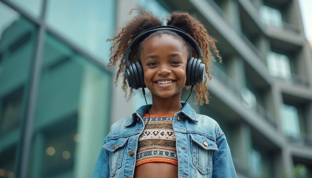 Smiling African girl in denim jacket wearing headphones, listening music in modern urban building background. Young female child with afro hair, pony tail enjoys audio. Cute girl cheerful, happy