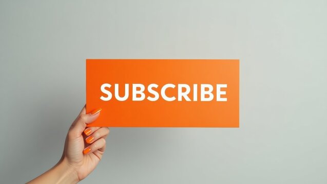 Minimalist orange subscribe sign held by a lightskinned hand against a gray background