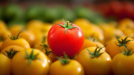 Ripe tomato showcased in supermarket produce section
