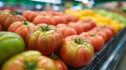 Ripe tomato showcased in supermarket produce section
