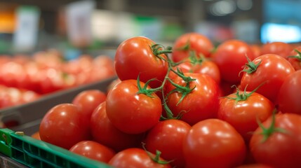 Ripe tomato showcased in supermarket produce section