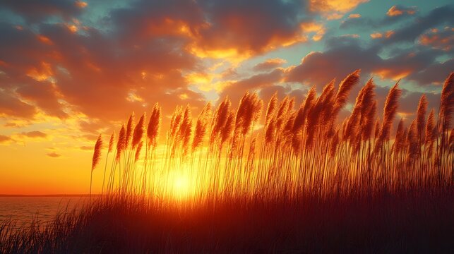Expansive Canopy of Towering Arundo Donax Reeds Silhouetted Against a Vivid, Colorful Sky in a Timeless Natural Landscape
