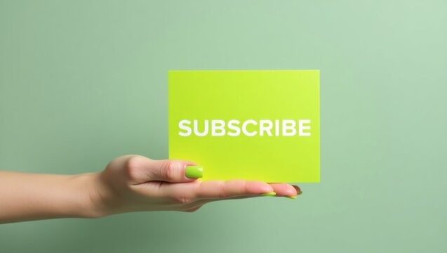 Minimalist photograph of a hand holding a bright lime green subscribe sign against a plain greengray background with bold white sansserif typography