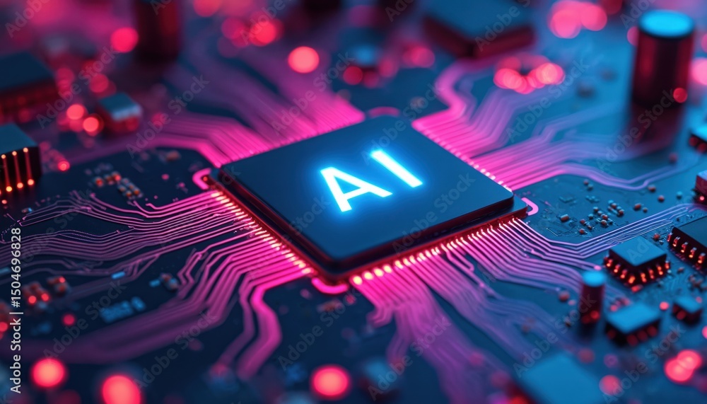 Leinwandbilder ai letters on a computer chip, central processing unit. neon glowing ai symbol on circuit board. hig