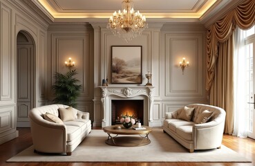 Classic living room design with tufted velvet sofa, marble fireplace, crystal chandelier, ornate drapes. Interior features elegant decor, grand atmosphere, opulent, sophisticated design. Luxurious