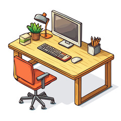 Desk, vector graphic, 2D flat isometric cartoon illustration on white background.
