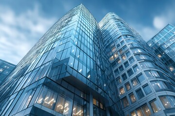 Fototapeta premium Modern Glass Skyscrapers Reflecting the Sky and Clouds in an Urban Setting