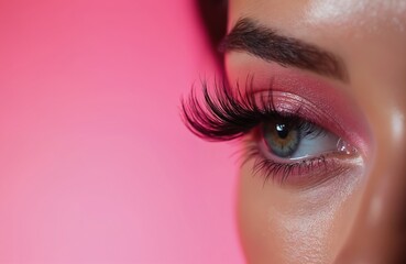Close-up of woman eye with long eyelashes, pink eyeshadow, vibrant pink background. Beauty, glamor, fashion, makeup, elegance. Perfect for beauty product promotion, cosmetic ads, fashion blogs,