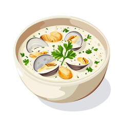 Clam Chowder, cartoon vector illustration, flat 2D isometric style, white background.
