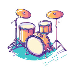 Drum Set, flat 2D isometric cartoon vector image isolated on white background.
