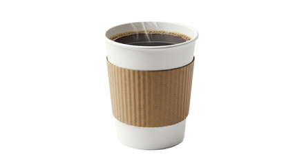 Hot coffee in paper cup with sleeve for morning caffeine boost takeaway coffee shop drink isolated...