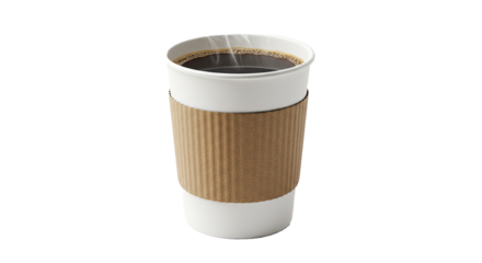 Hot coffee in paper cup with sleeve for morning caffeine boost takeaway coffee shop drink isolated on transparent background