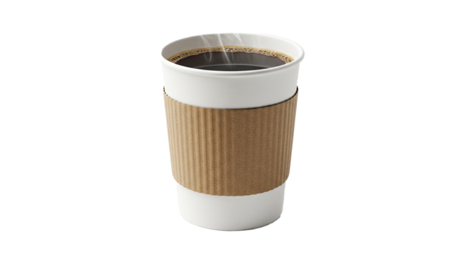 Hot coffee in paper cup with sleeve for morning caffeine boost takeaway coffee shop drink isolated on transparent background