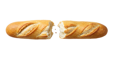 Freshly baked baguette bread loaf cut in half on black background food photography stock images on...