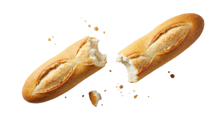 Freshly baked baguette bread torn in half isolated on black background for bakery shop menu design on transparent background