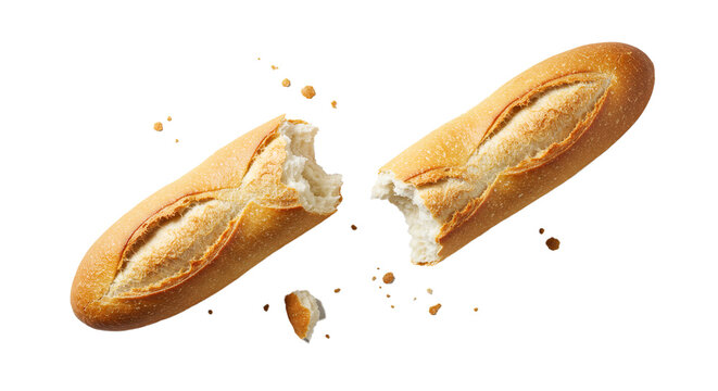 Freshly baked baguette bread torn in half isolated on black background for bakery shop menu design on transparent background
