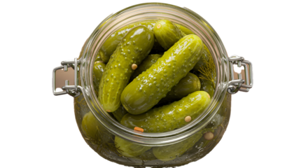 Top view of homemade pickles in a jar, fermented cucumbers, pickled vegetables, food photography on transparent background