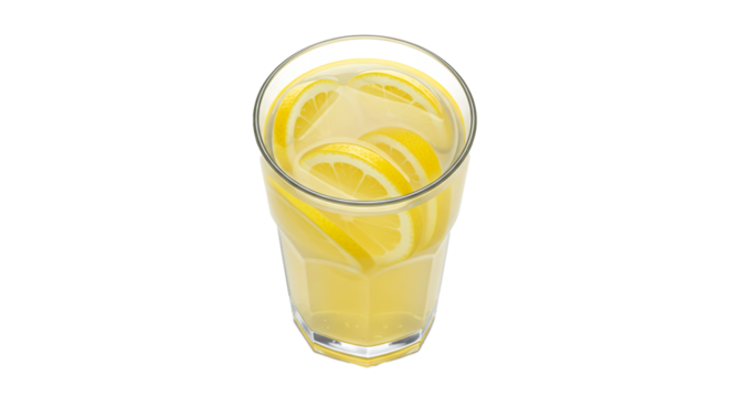 Refreshing homemade lemonade drink with lemon slices in glass for summer beverage and healthy lifestyle on transparent background