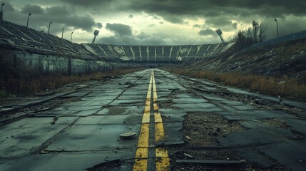 Ruins of a once-thriving stadium lie silently under a shroud of ash, with broken roads leading to an uncertain future under a gloomy sky