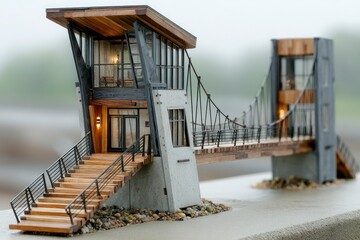 Modern Architectural Model with Staircase and Suspension Bridge Design
